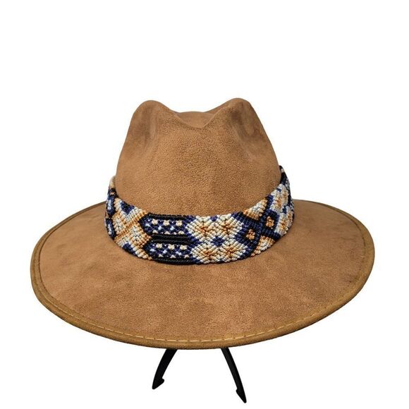 Vintage La Sierra Suede Western Cowboy Hat Camel Brown‎ Aztec Tapestry Band Boho
